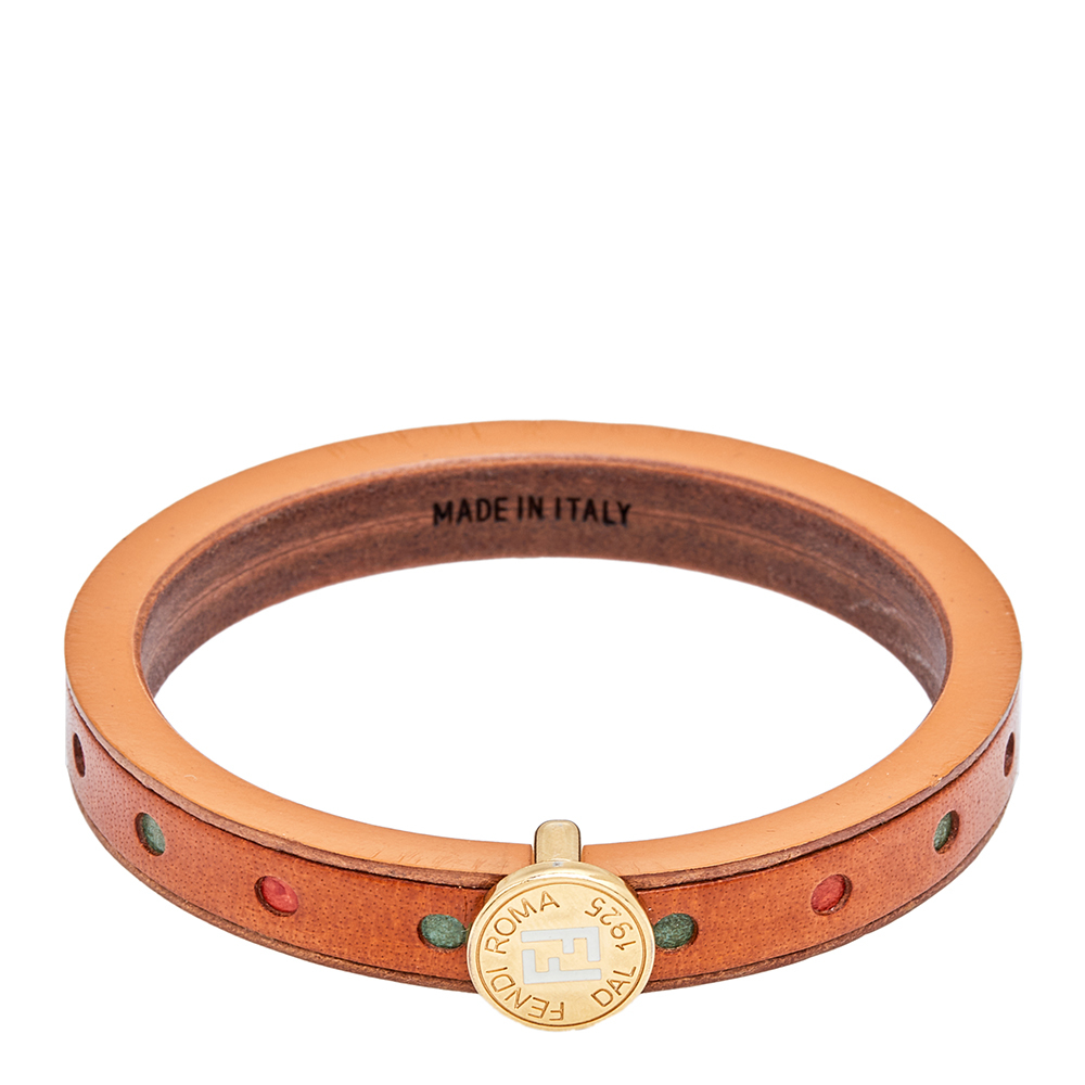 FENDI Wood Leather Multi Color Gold Tone Metal Bangle Bracelet - Picture 4 of 8